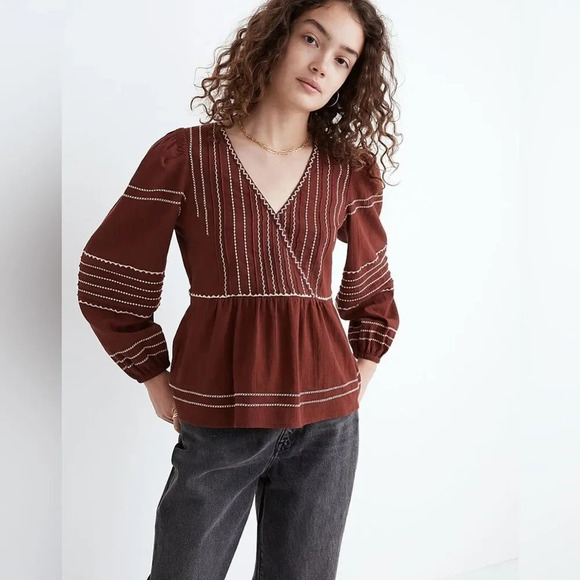 MADEWELL‎ Embroidered Faux Wrap Top in Rusted Burgundy - Picture 1 of 7